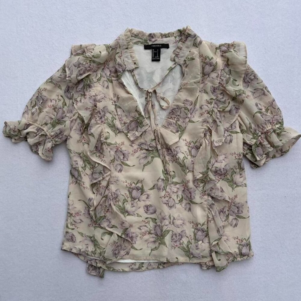 Forever 21 Floral Chiffon Cream Ruffle Puff Sleeve V-neck Blouse Sz S Office